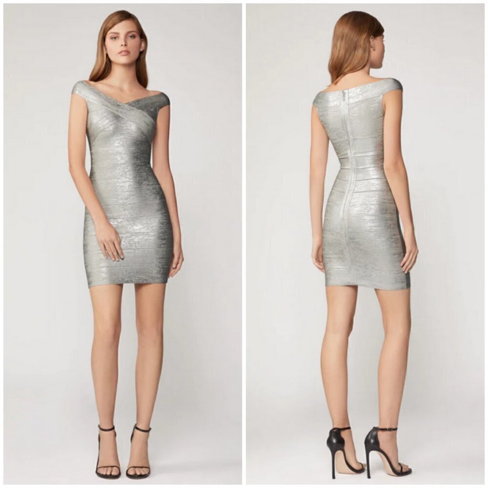 💕HERVE LEGER💕 Criss Cross Foil Bandage Dress ~ Silver Foil Large L NWT